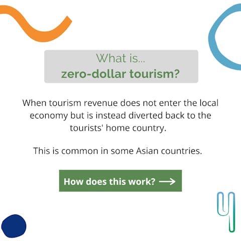What is...zero-dollar tourism? When tourism revenue does not enter the local economy but is instead diverted back to the tourists' home country.  
