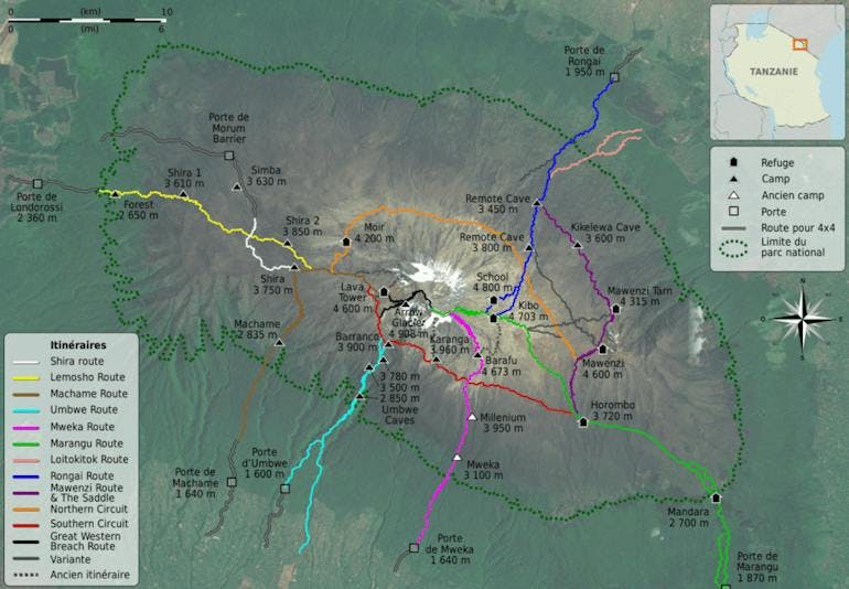 A route map for Mount Kilimanjaro in Tanzania, showing all of the possible climbing and trekking routes, color-coded by route.