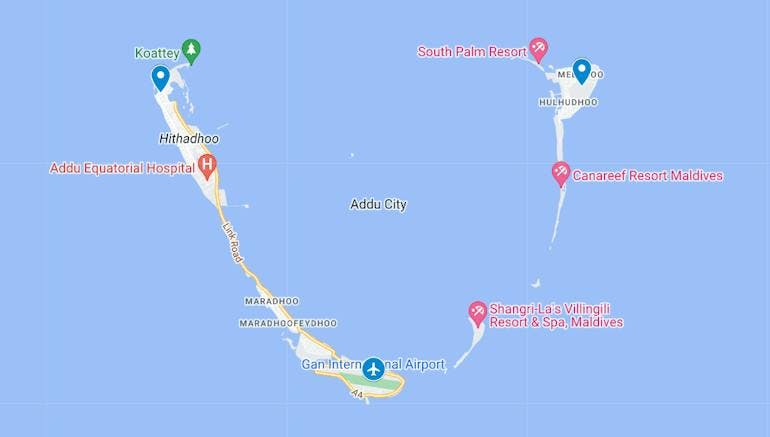 A route map for the Addu Atoll Uncovered trip shows the arrival airport on Gan, and visits up to Addu Nature Park and Hulhumeedhoo Island.