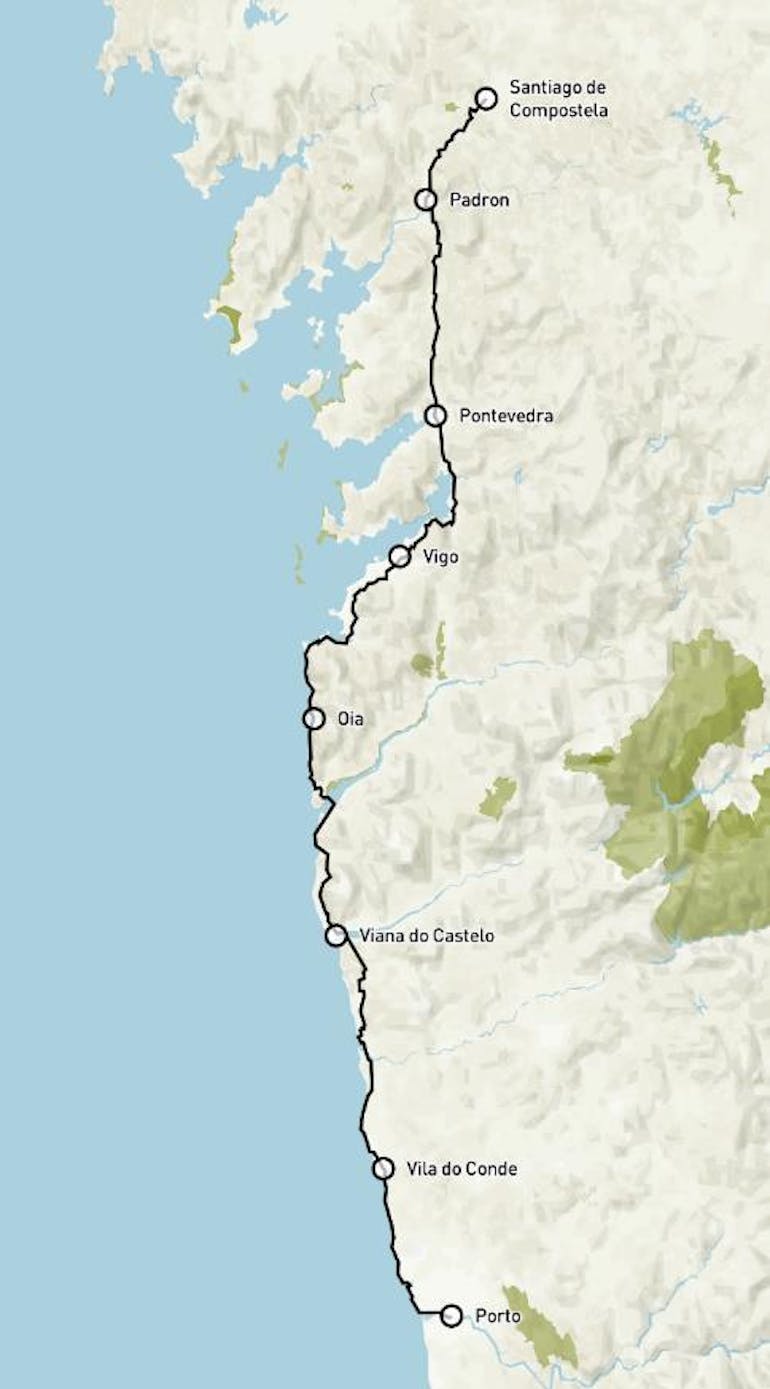 A route map of Portugal's western coast shows how travelers will go north through various towns and ending at Santiago de Compostela.