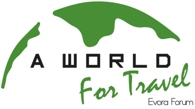 A World for Travel - Evora Forum logo. Half a green globe goes across the top, with text in black and green below.