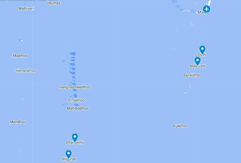 A route map showing the islands visited during the Snorkeling Conservation Cruise: Maafushi, 