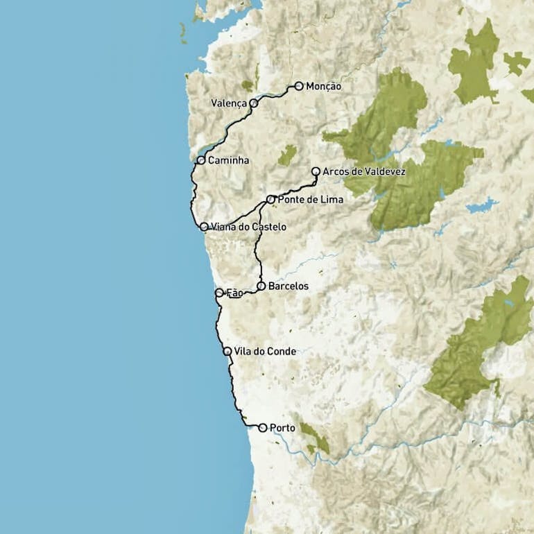 A route map showing where cyclers will bike along the northern Portuguese coast and inland through Portugal's Alto Minho region.