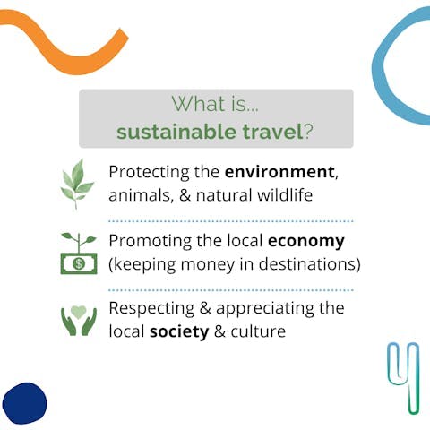 What is... sustainable travel? It's about: Protecting the environment, animals, & natural wildlife; Promoting the local economy (keeping money in destinations); and respecting & appreciating the local society & culture.