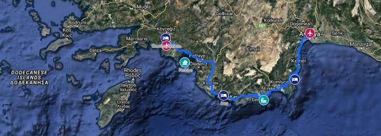 A route map showing the path from Antalya to Dalaman along the Lycian Way in Türkiye.
