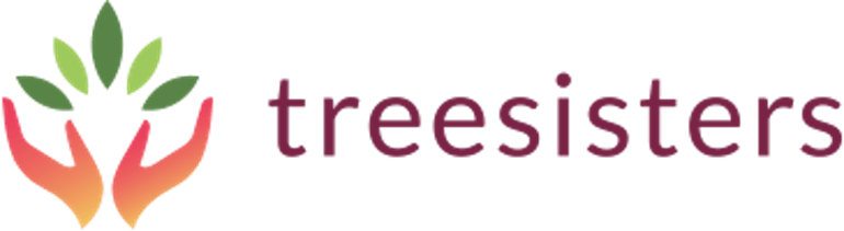 Orange and red hands hold 5 green leafs to the left, with text to the right that says "treesisters".
