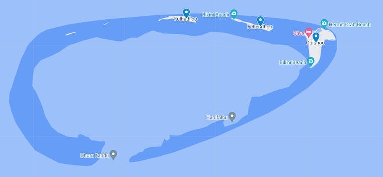 A route map showing the islands visited during the Goidhoo Atoll Experience: Goidhoo Island, Fehendhoo Island, and Fulhadhoo Island.
