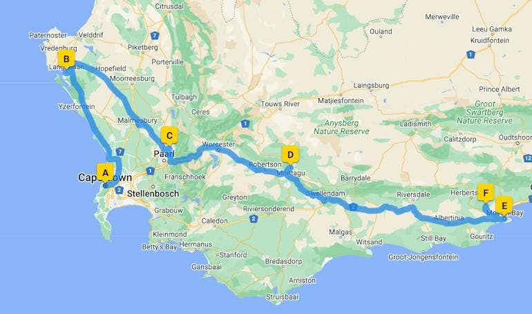 Route Map showing the 14 day itinerary from Cape Town, South Africa, to the west coast, for the Wellness, Wine, and Safari sustainable slow travel trip.