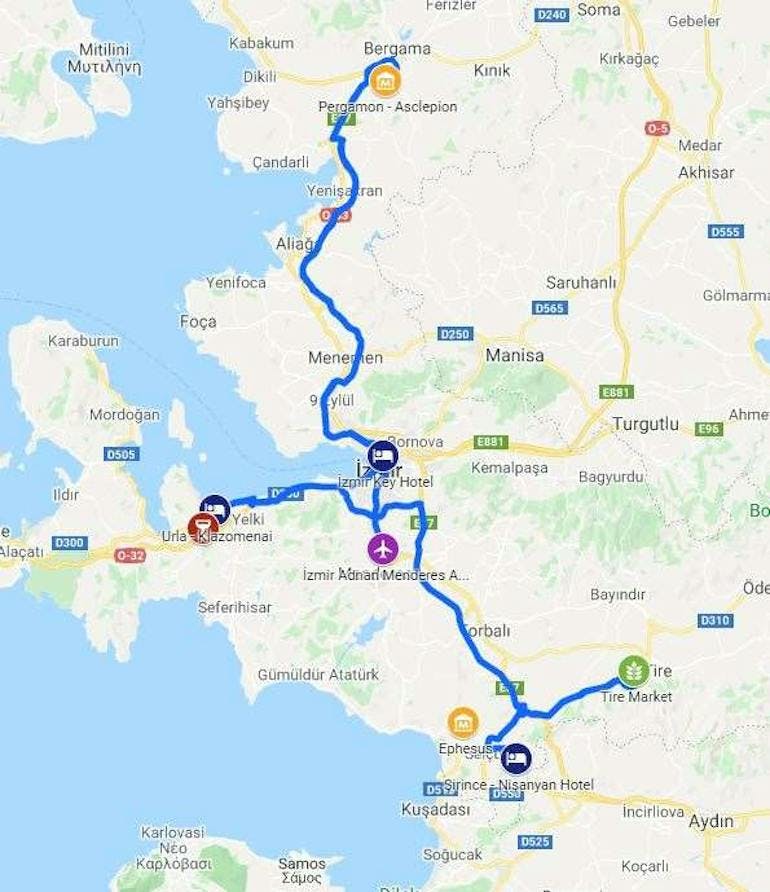 A route map is shown for the driving bath through the Izmir Province in Western Turkey for the Slow Travel Food and Wine Tour.