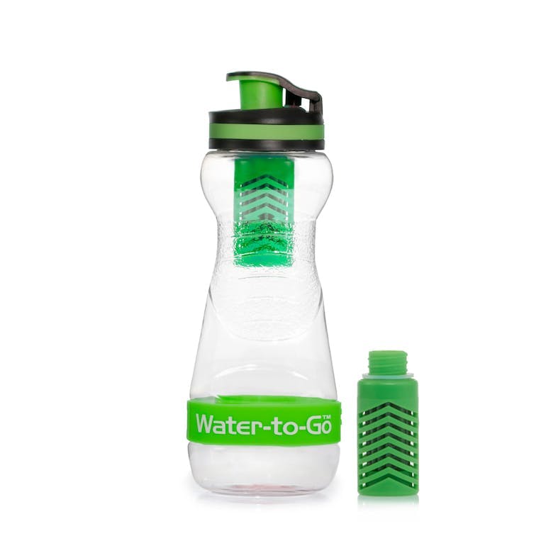 A clear plastic water bottle with neon green accents and a green filter both inside and off to the right.