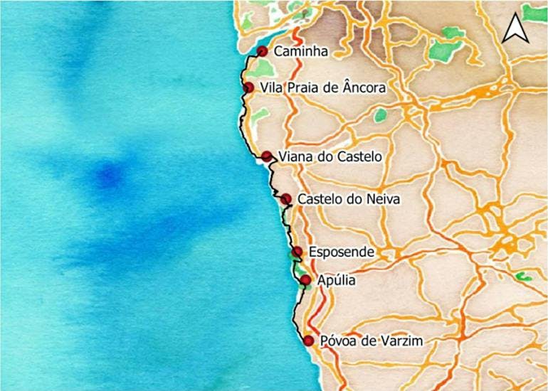 A map shows the western coast of Portugal where walkers go from Povoa de Varzim to Caminha.