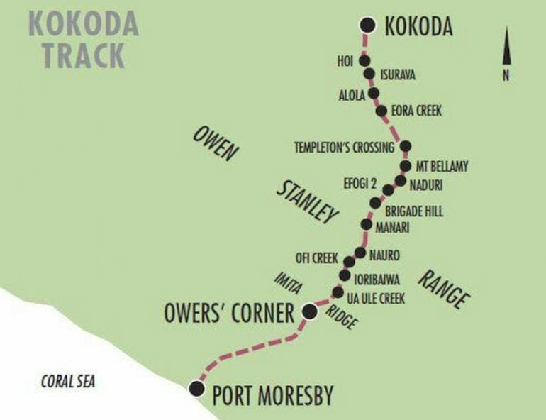 The route map of the Kokoda Track in Papua New Guinea is shown, with Kokoda to the north and Port Moresby in the south, with all the main stops in between.