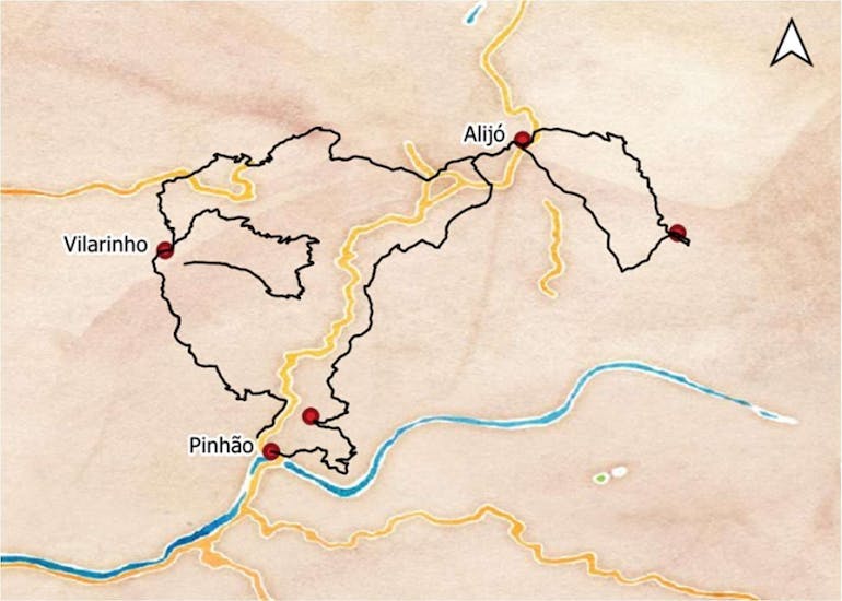 The route map for the Heart & Soul of Douro Valley walking tour in Portugal, going between Pinhao, Vilarinho, Alijo, and other towns.