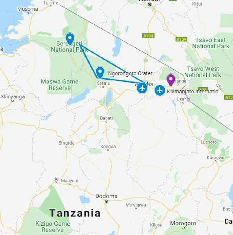 Route map showing the main stops of Serengeti National Park and the Ngorongoro Crater near Mt. Kilimanjaro in Tanzania.